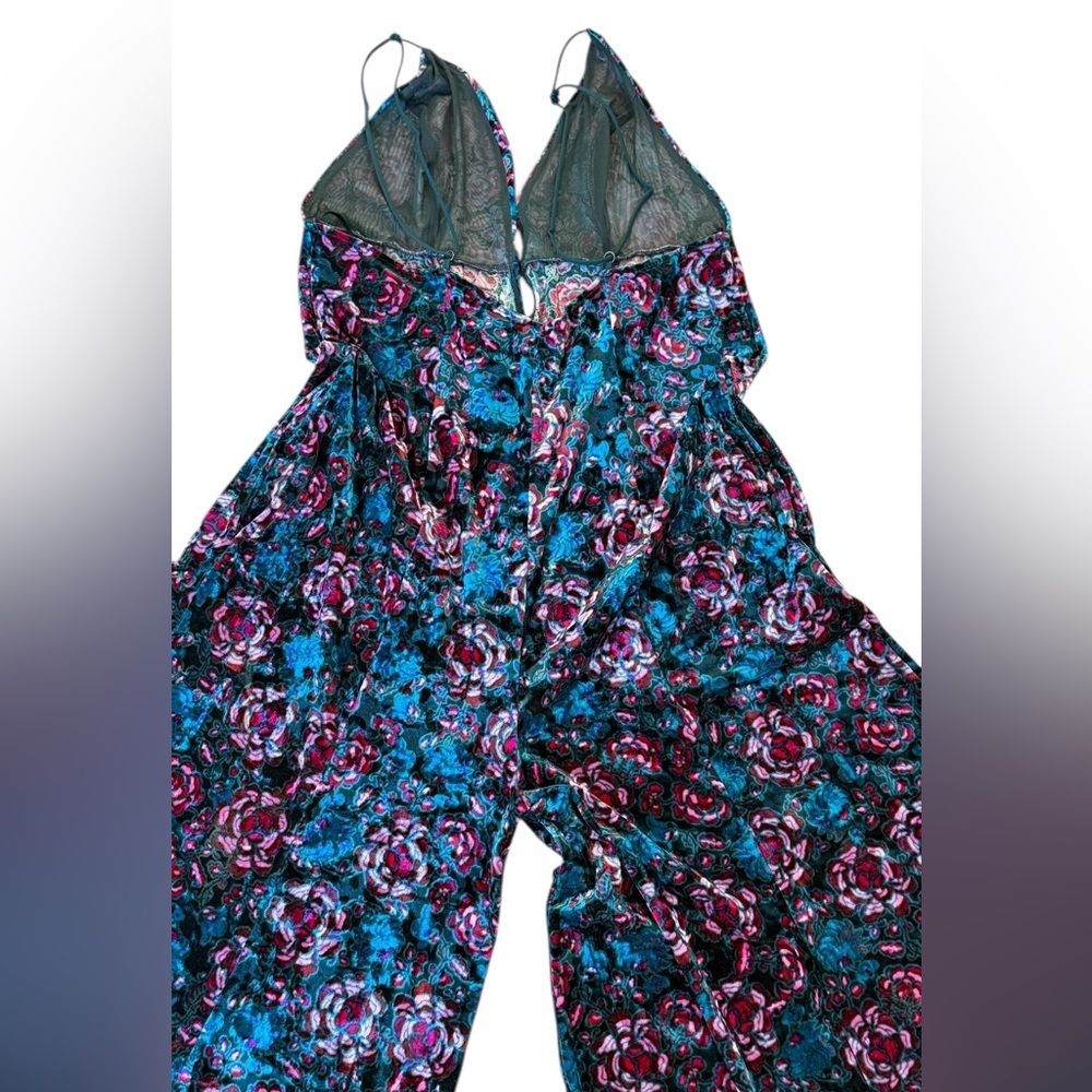 Free People Volcano Super Wide Leg Velvet Floral Jumpsuit Green Pink Size Large - Picture 10 of 15